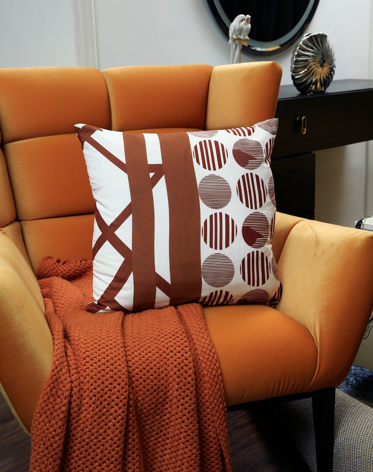 4 PCs Digital Printed Cotton Cushions-Brown Geometric cushions Apricot   