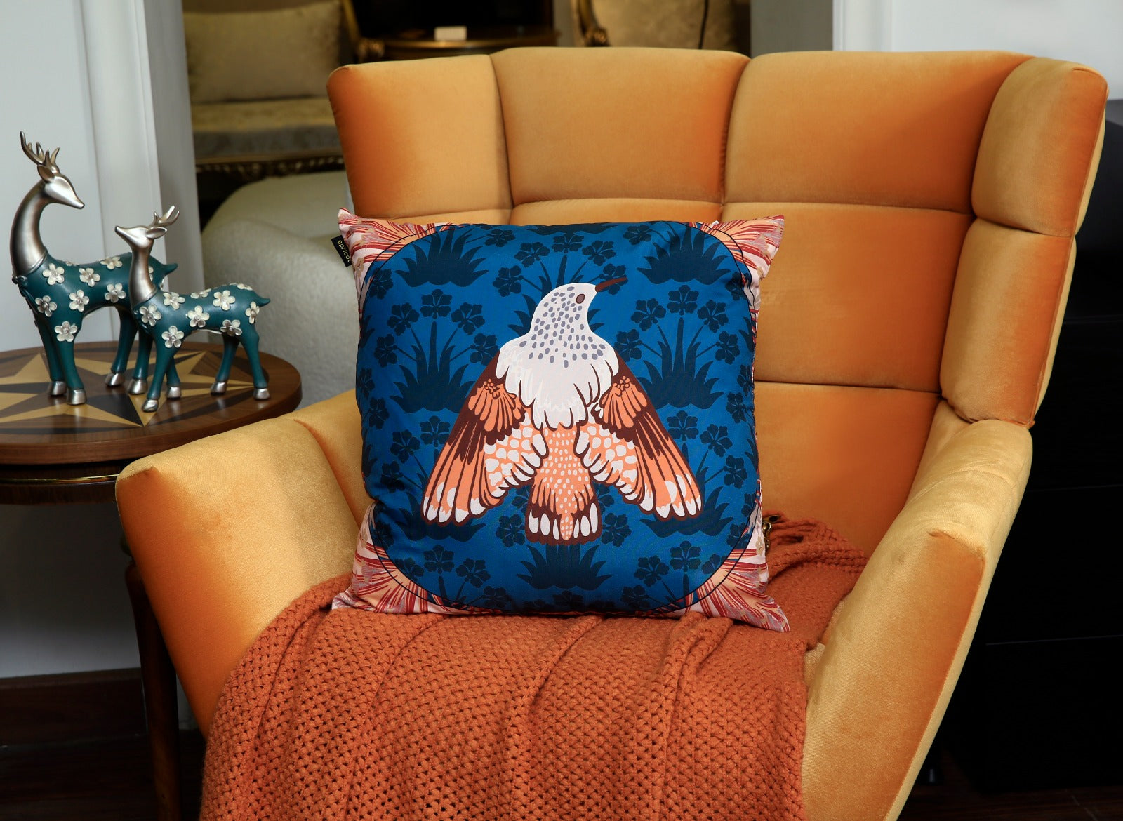 4 PCs Digital Printed Cotton Cushions-Bird cushions Apricot   