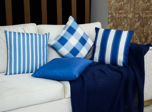 4 PCs Digital Printed Cotton Cushions-Blue Check cushions Apricot   