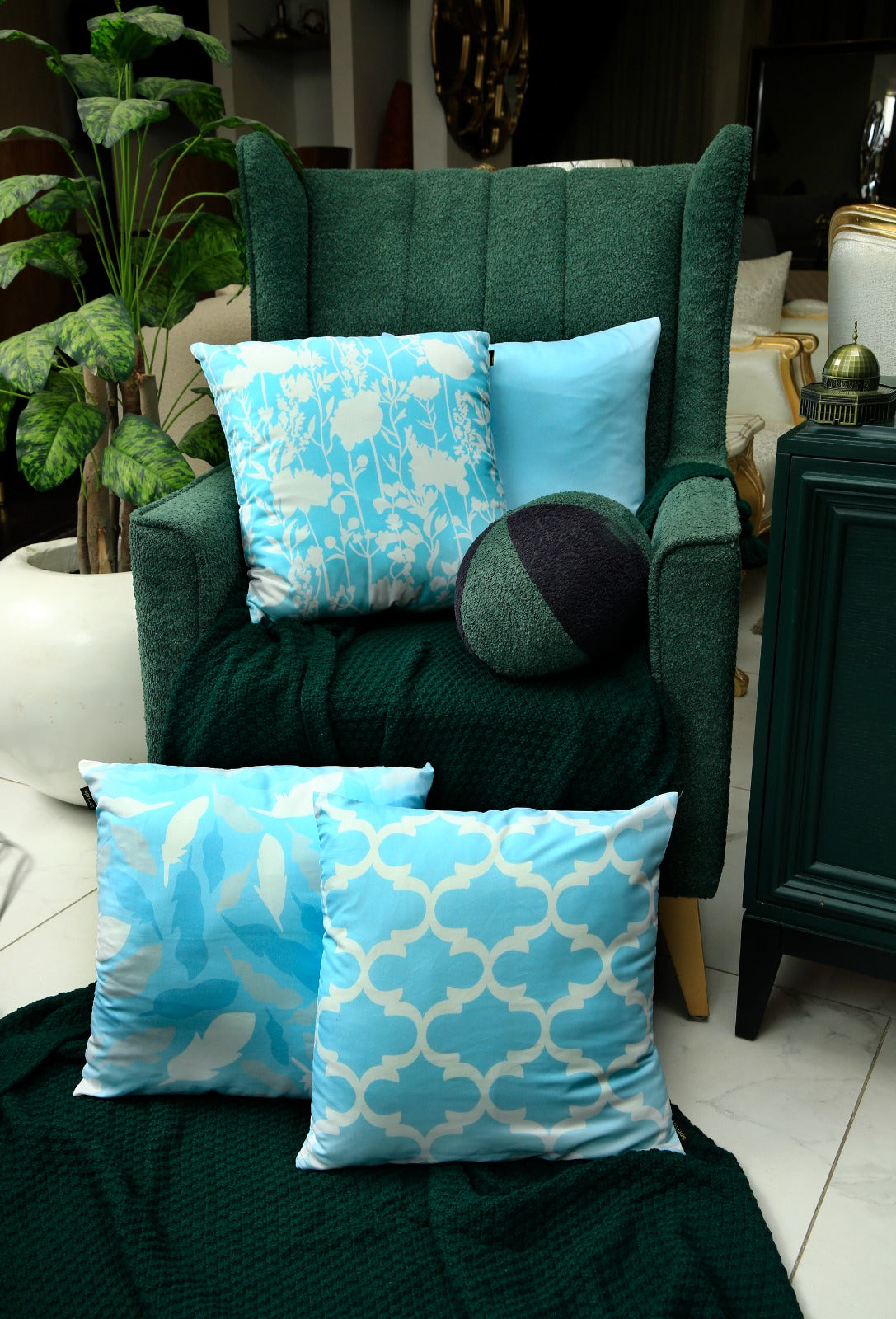 4 PCs Digital Printed Cotton Cushions-Ocean Blue cushions Apricot   