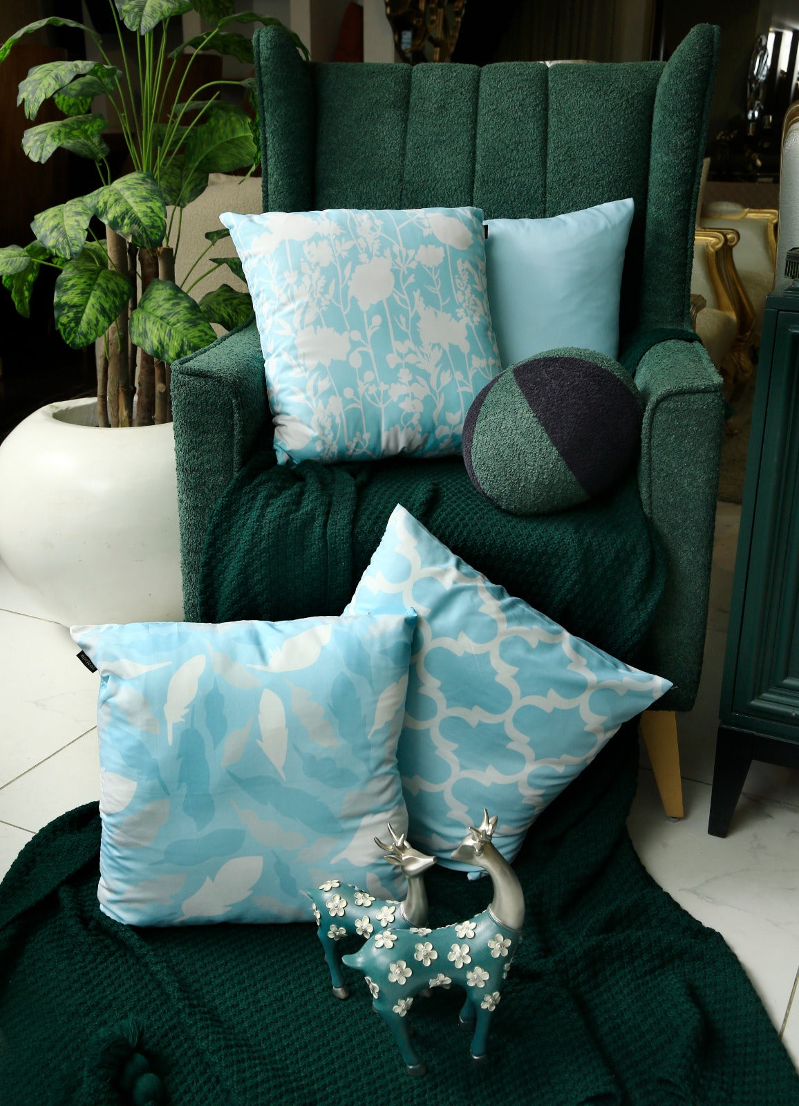 4 PCs Digital Printed Cotton Cushions-Ocean Blue cushions Apricot   