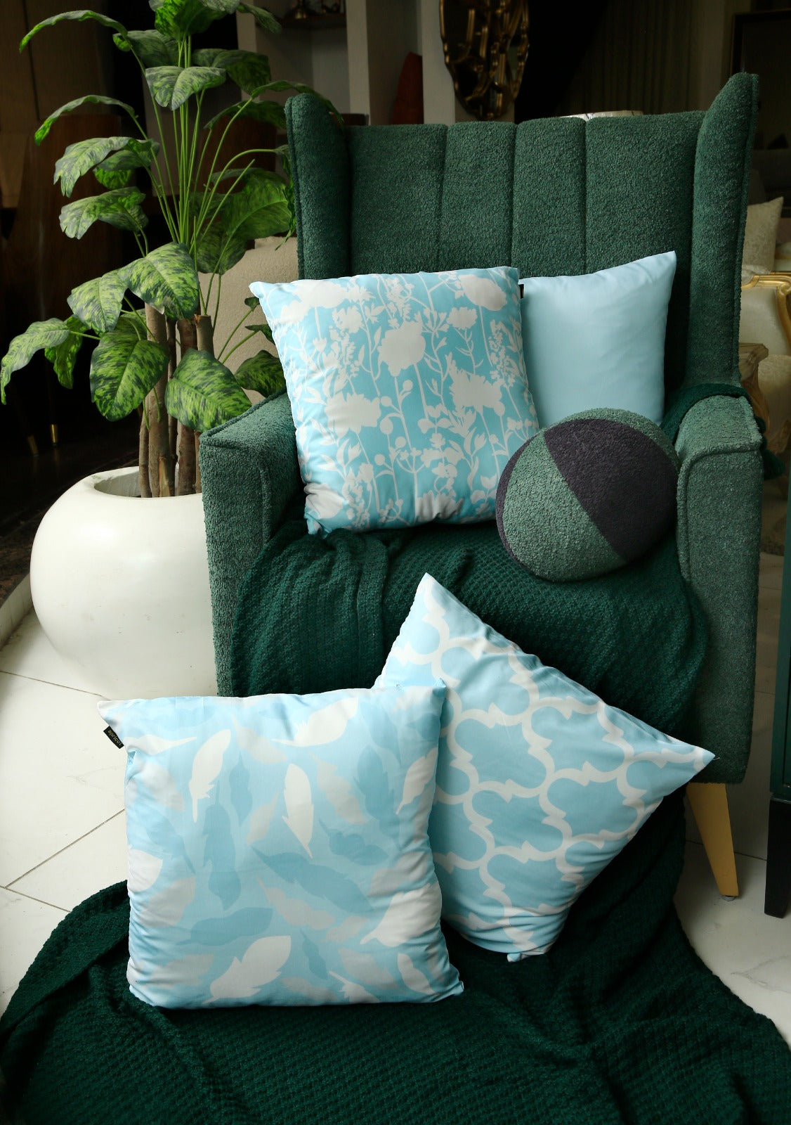 4 PCs Digital Printed Cotton Cushions-Ocean Blue cushions Apricot   