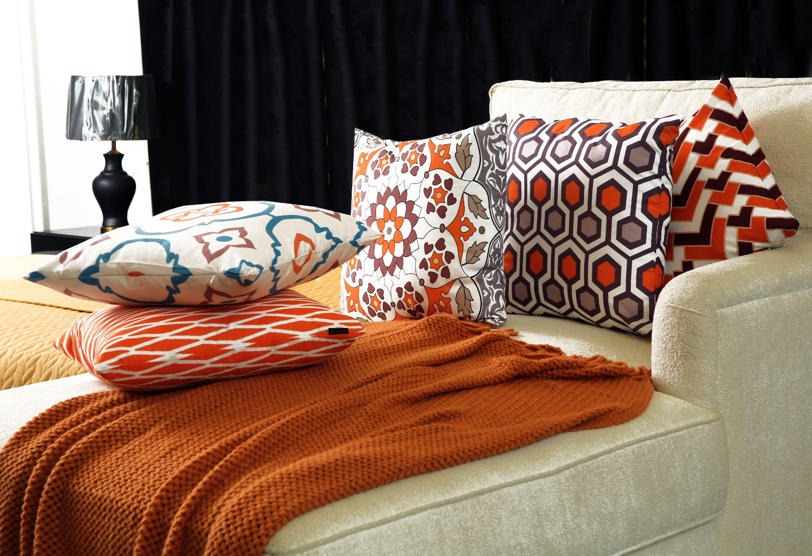 4 PCs Digital Printed Cotton Cushions-Orange Geometric cushions Apricot   