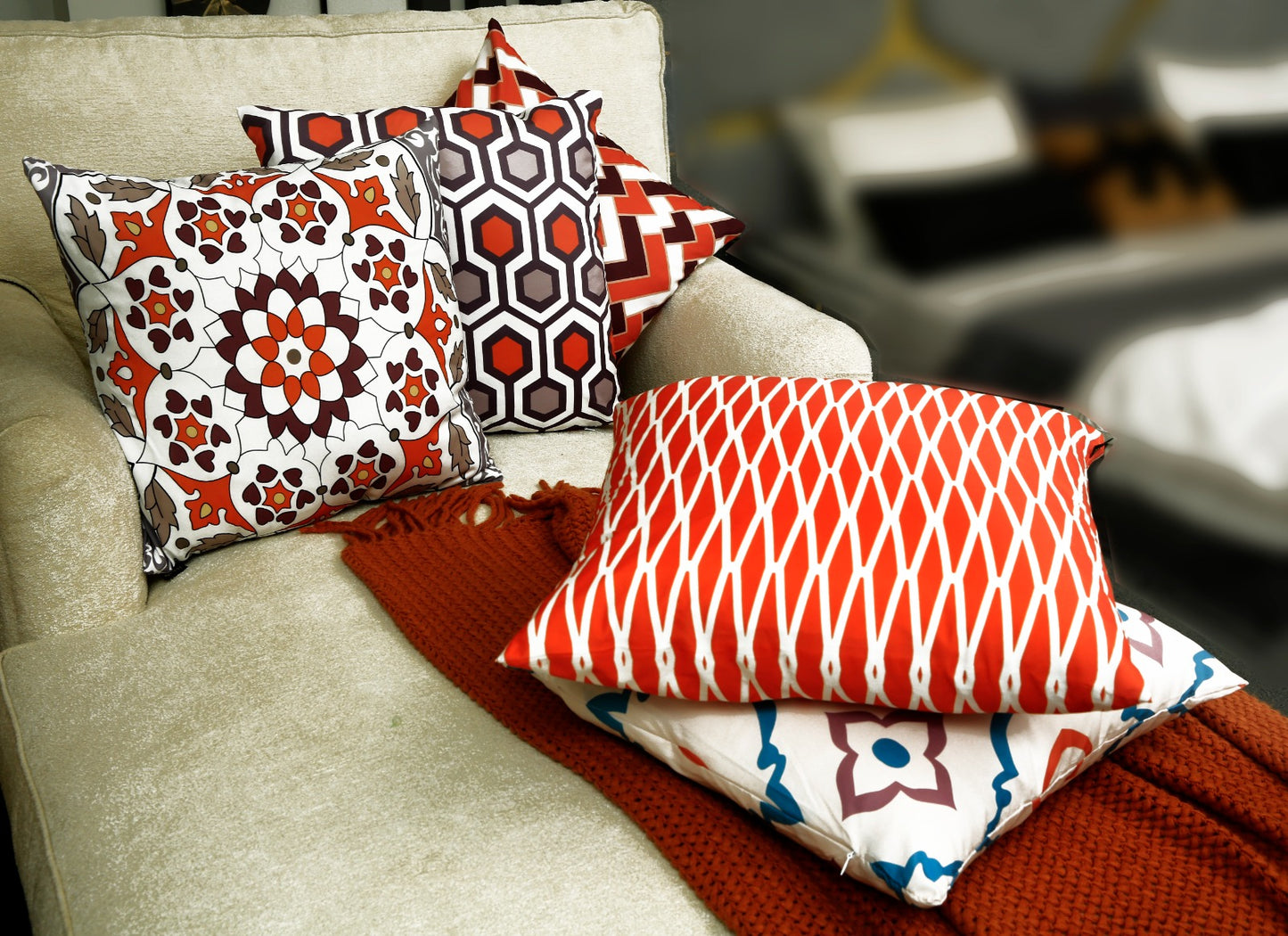 4 PCs Digital Printed Cotton Cushions-Orange Geometric cushions Apricot   