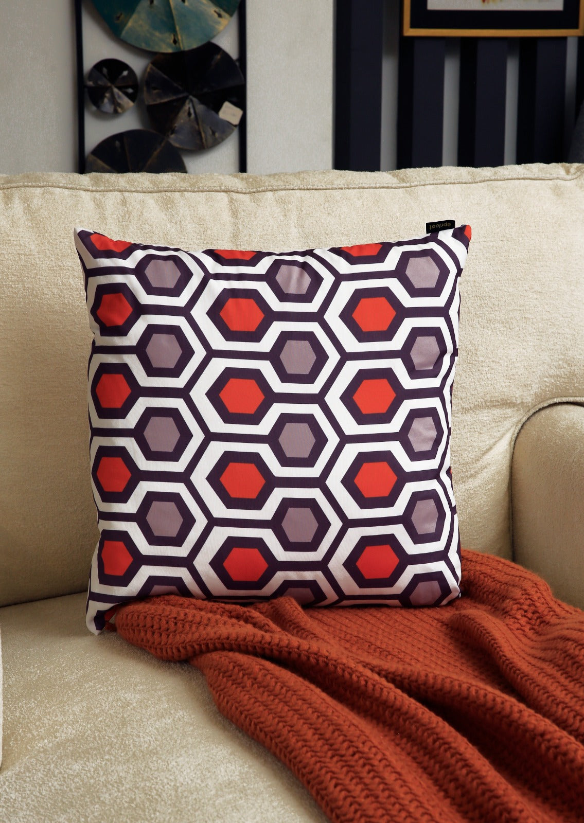 4 PCs Digital Printed Cotton Cushions-Orange Geometric cushions Apricot   