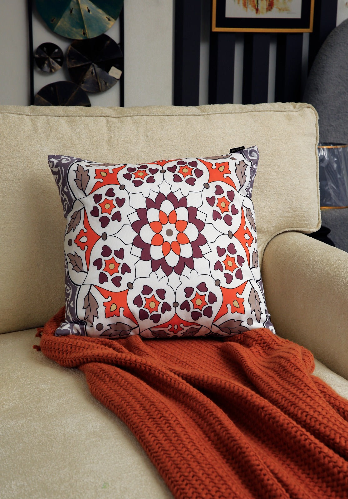 4 PCs Digital Printed Cotton Cushions-Orange Geometric cushions Apricot   