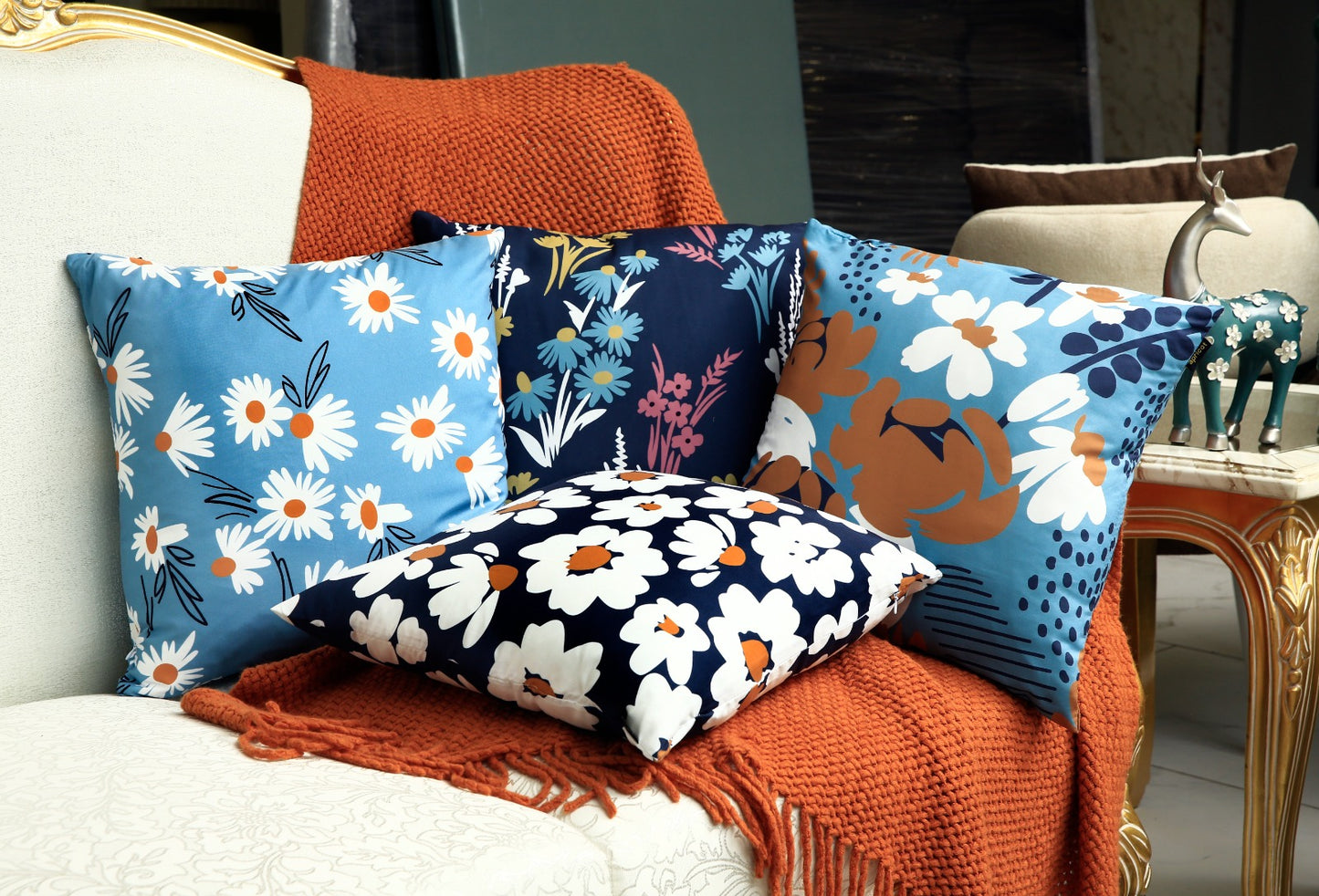 4 PCs Digital Printed Cotton Cushions-Jazmin cushions Apricot   