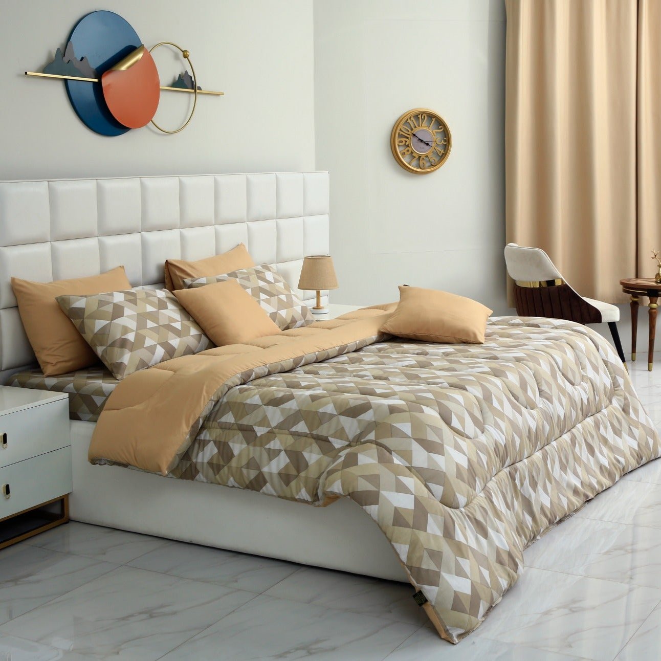 8 PCs Winter Comforter Set-Beige Geometric Comforters Apricot   