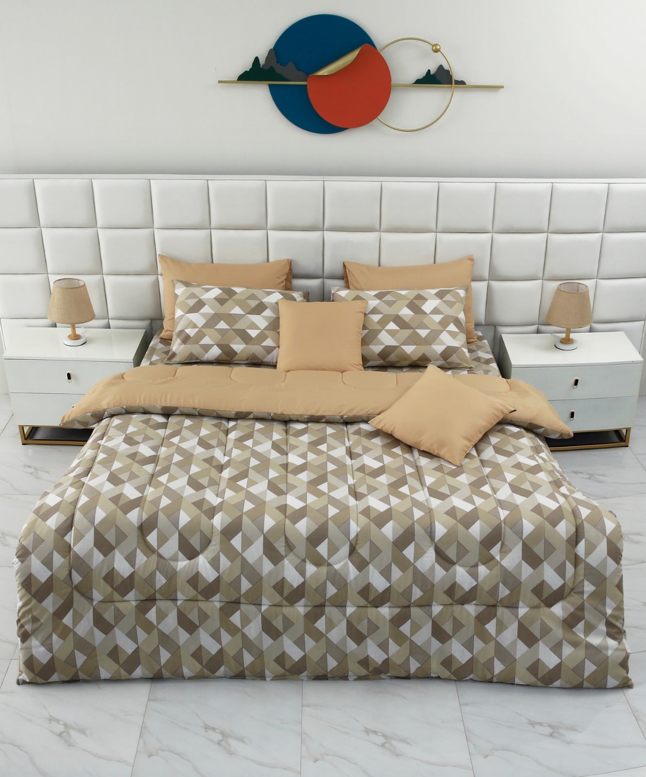 8 PCs Winter Comforter Set-Beige Geometric Comforters Apricot   