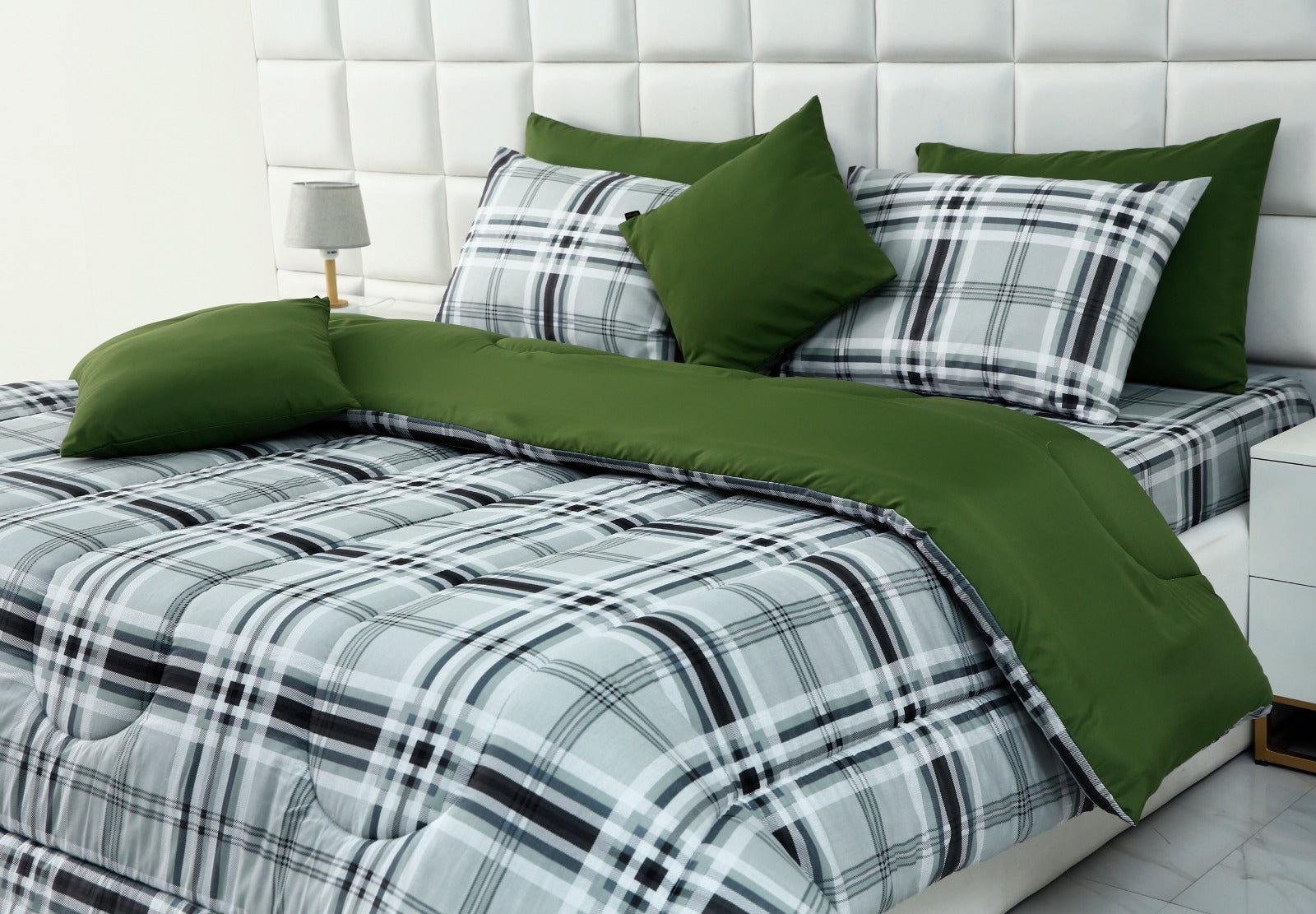 8 PCs Winter Comforter Set-Grey Check Comforters Apricot   