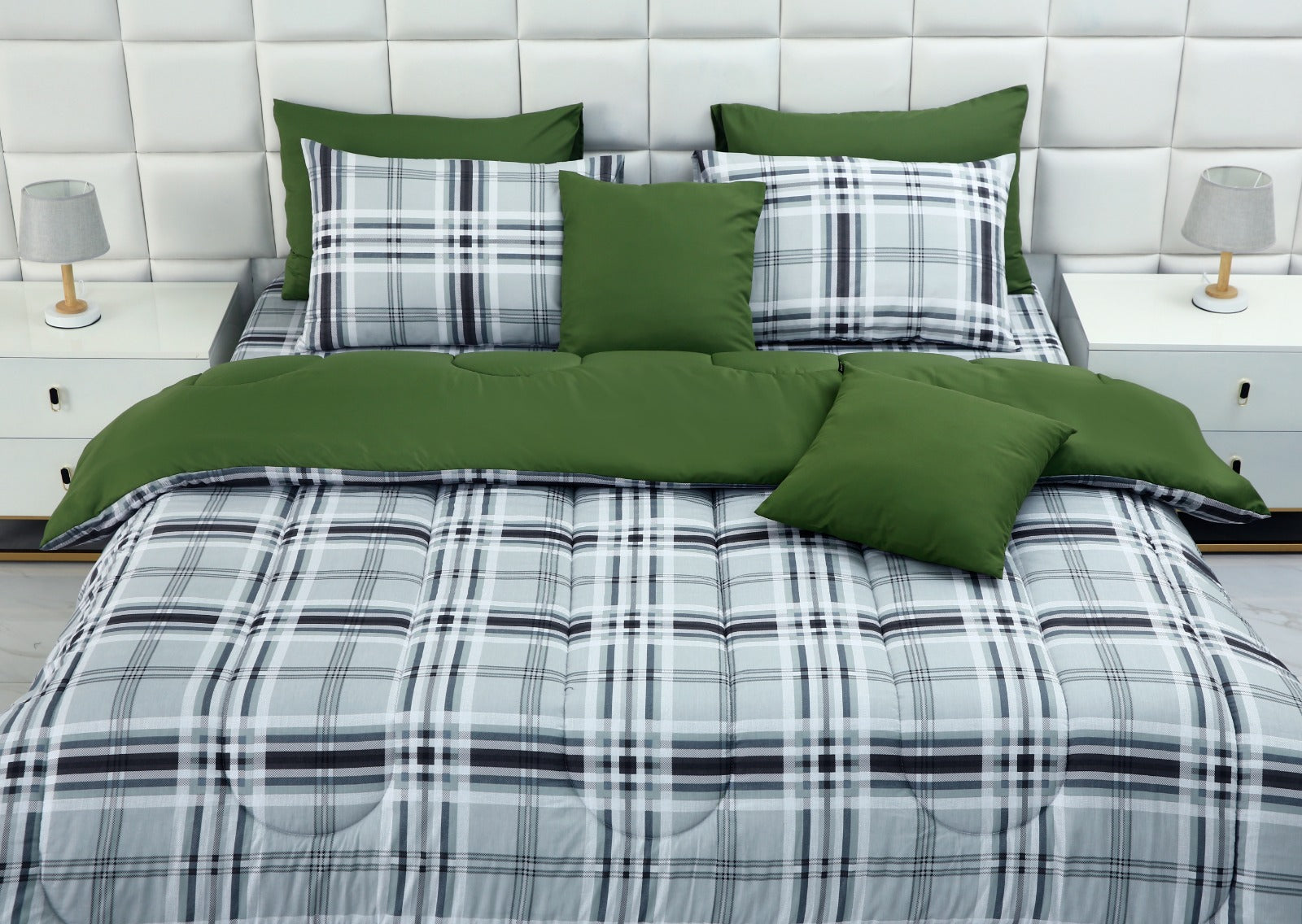 8 PCs Winter Comforter Set-Grey Check Comforters Apricot   