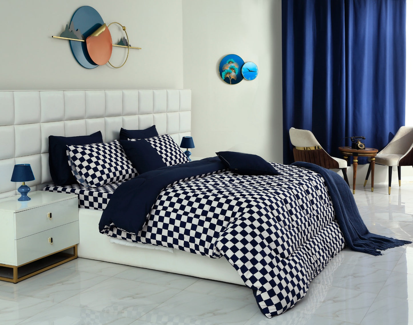 8 PCs Winter Comforter Set-Blue Chess Comforters Apricot   