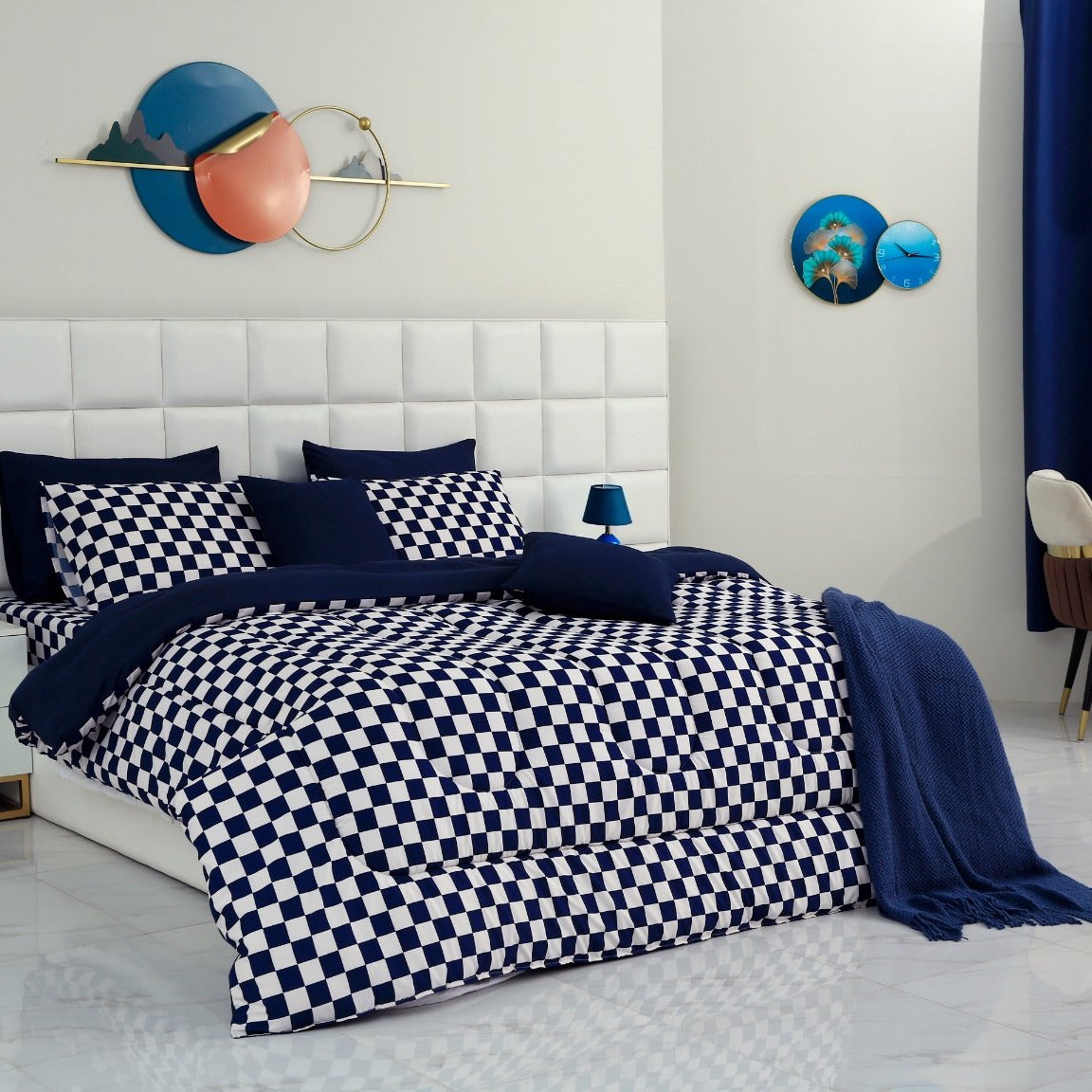 8 PCs Winter Comforter Set-Blue Chess Comforters Apricot   