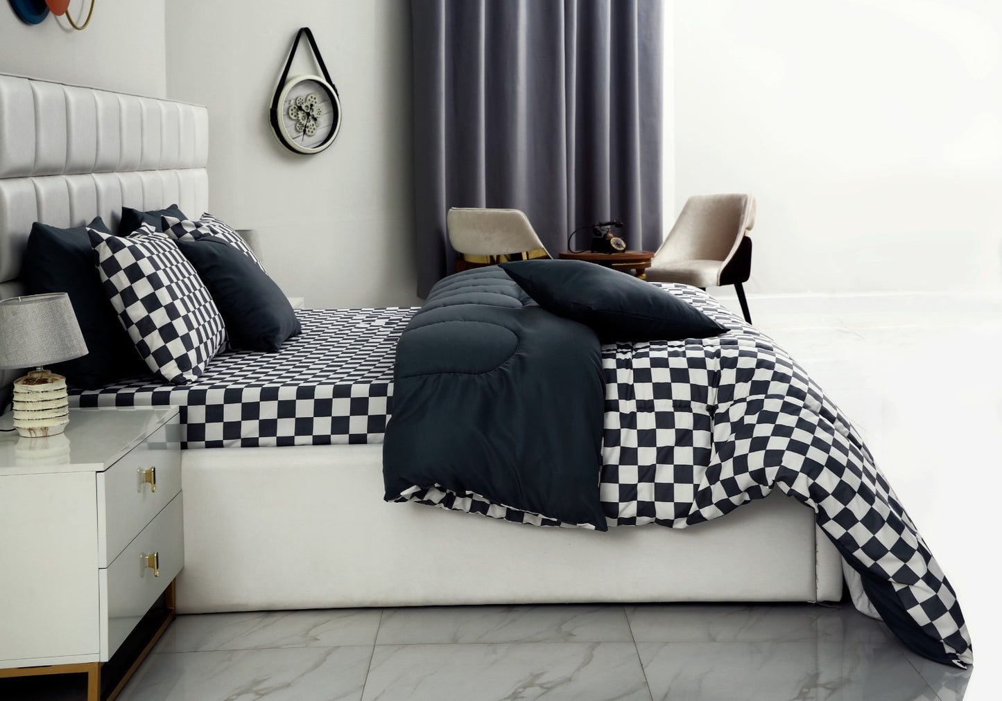 8 PCs Winter Comforter Set-Grey Chess Comforters Apricot   