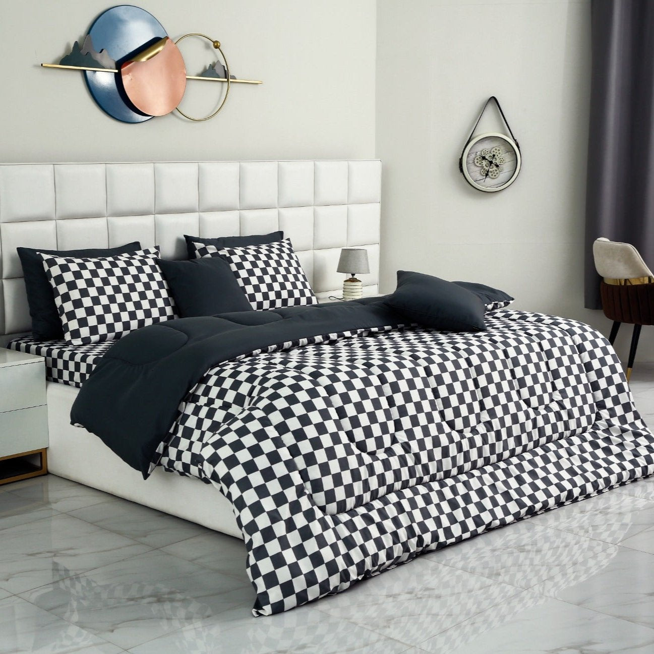 8 PCs Winter Comforter Set-Grey Chess Comforters Apricot   