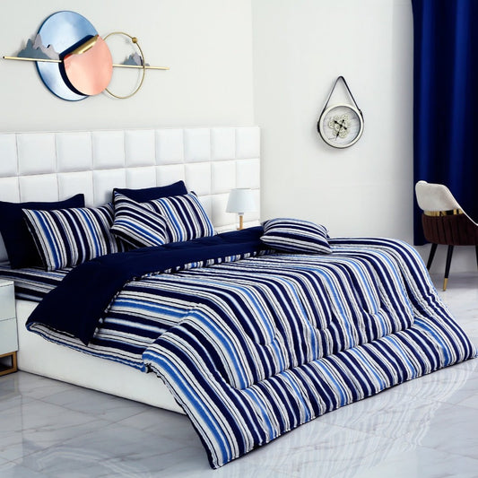 8 PCs Winter Comforter Set-Blue Bold Lines Comforters Apricot   