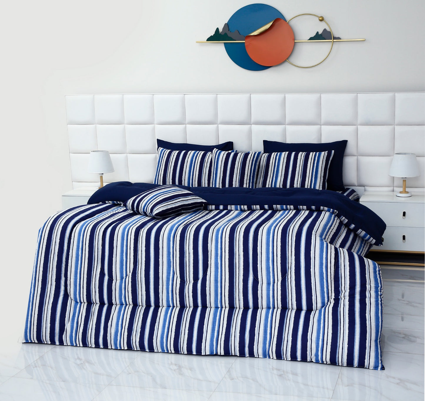 8 PCs Winter Comforter Set-Blue Bold Lines Comforters Apricot   