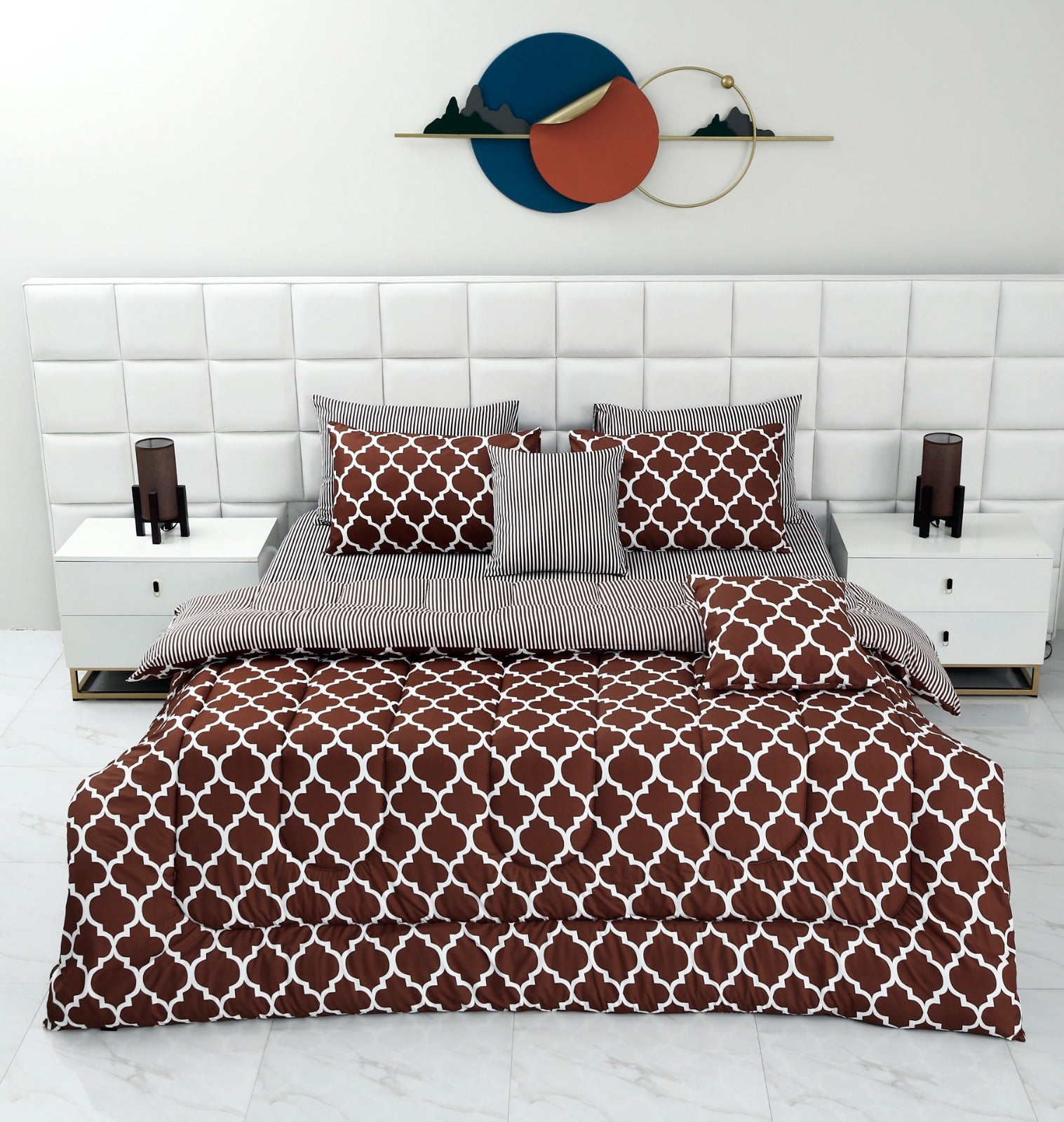 8 PCs Winter Comforter Set-Brown Geometric Comforters Apricot   