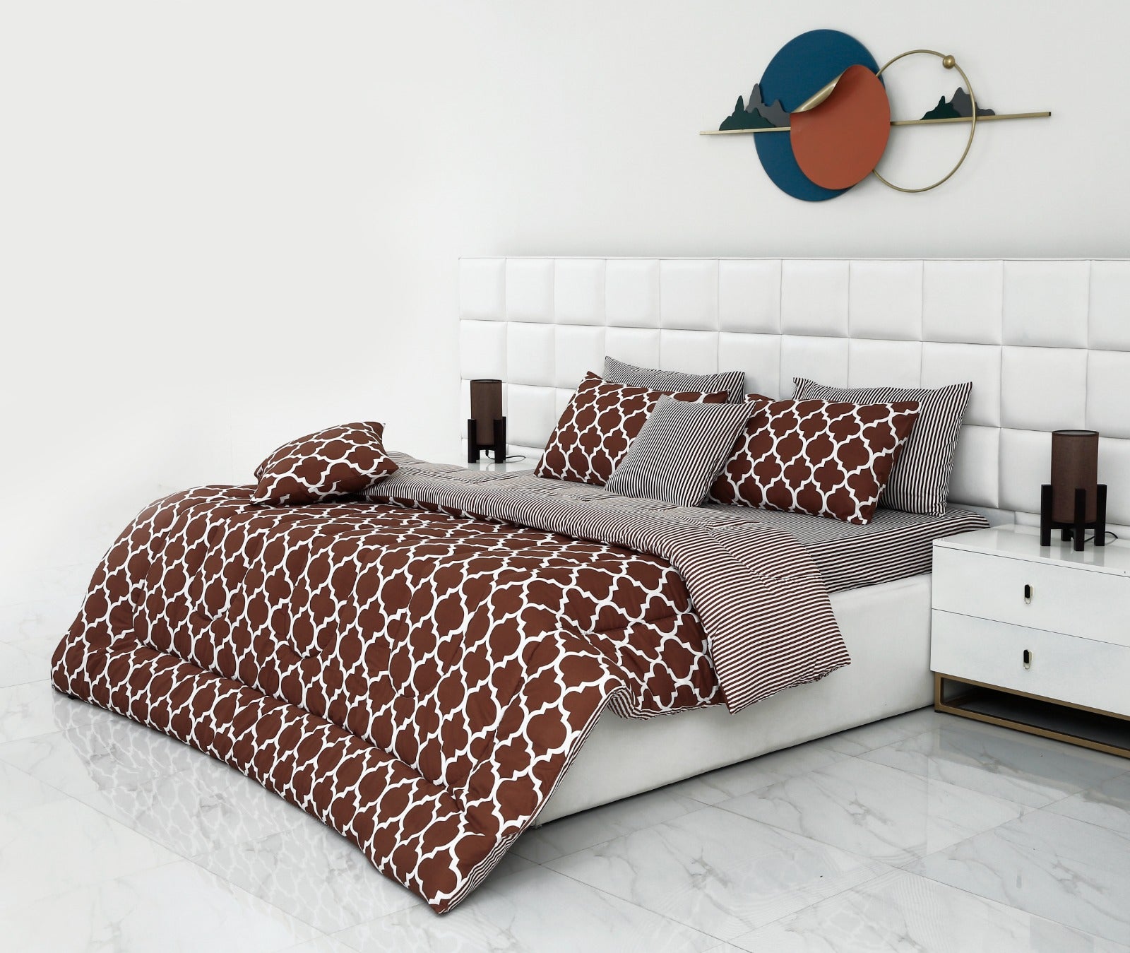 8 PCs Winter Comforter Set-Brown Geometric Comforters Apricot   