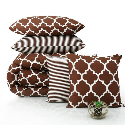 8 PCs Winter Comforter Set-Brown Geometric Comforters Apricot   