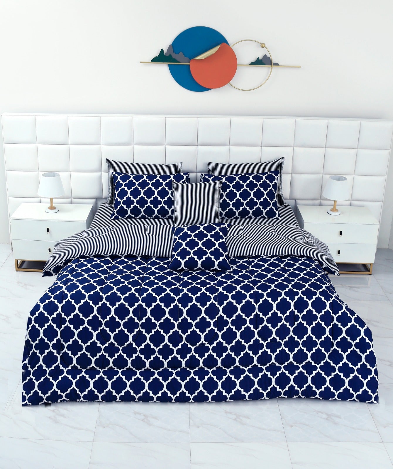 8 PCs Winter Comforter Set-Blue Geometric Comforters Apricot   