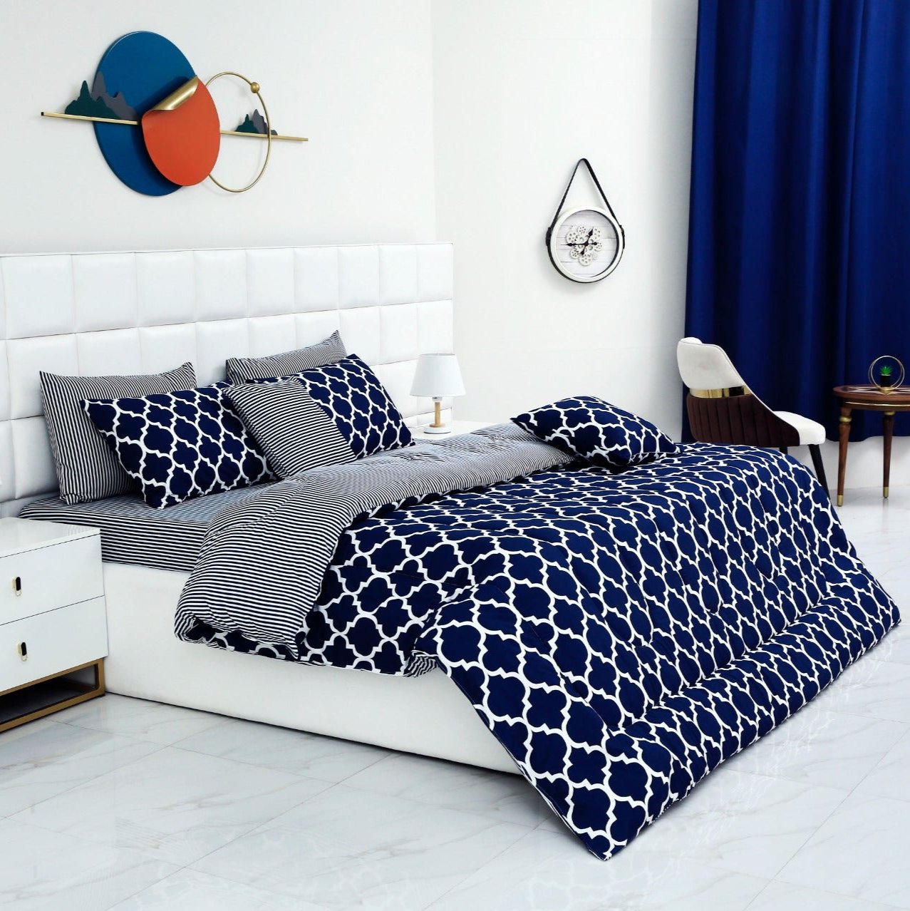 8 PCs Winter Comforter Set-Blue Geometric Comforters Apricot   