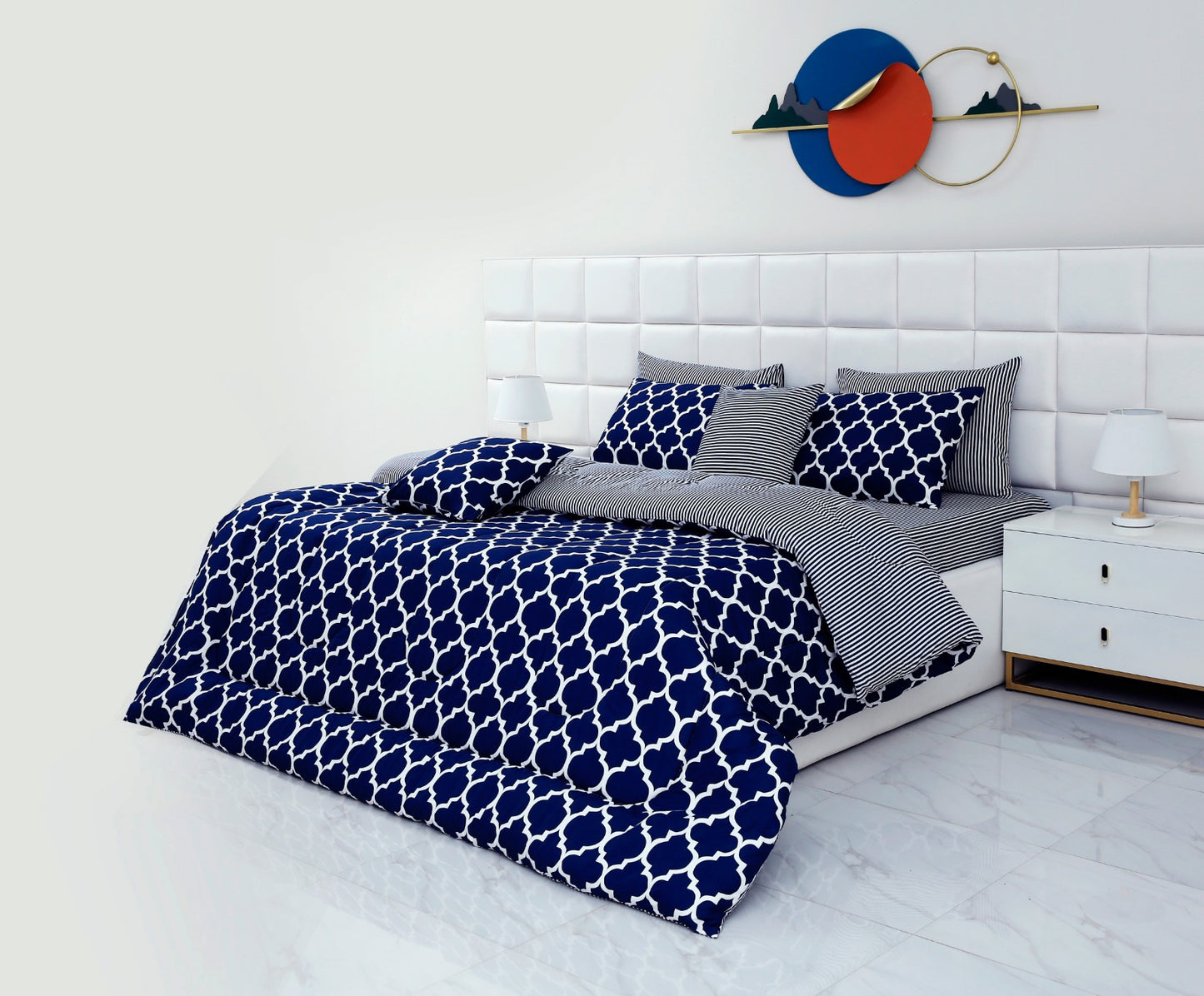 8 PCs Winter Comforter Set-Blue Geometric Comforters Apricot   