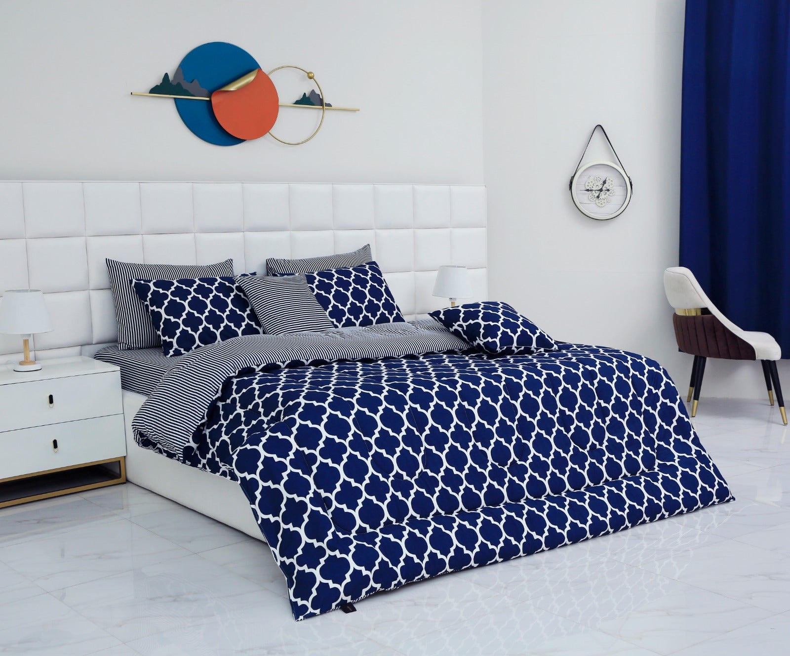 8 PCs Winter Comforter Set-Blue Geometric Comforters Apricot   