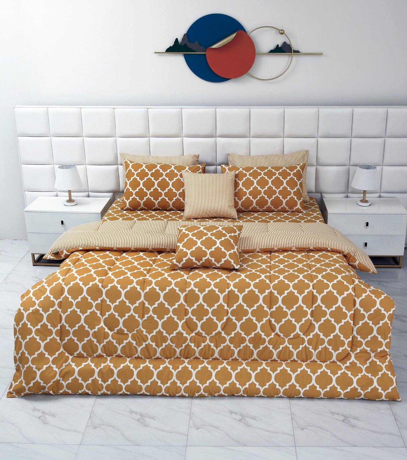 8 PCs Winter Comforter Set-Mustard Geometric Comforters Apricot   