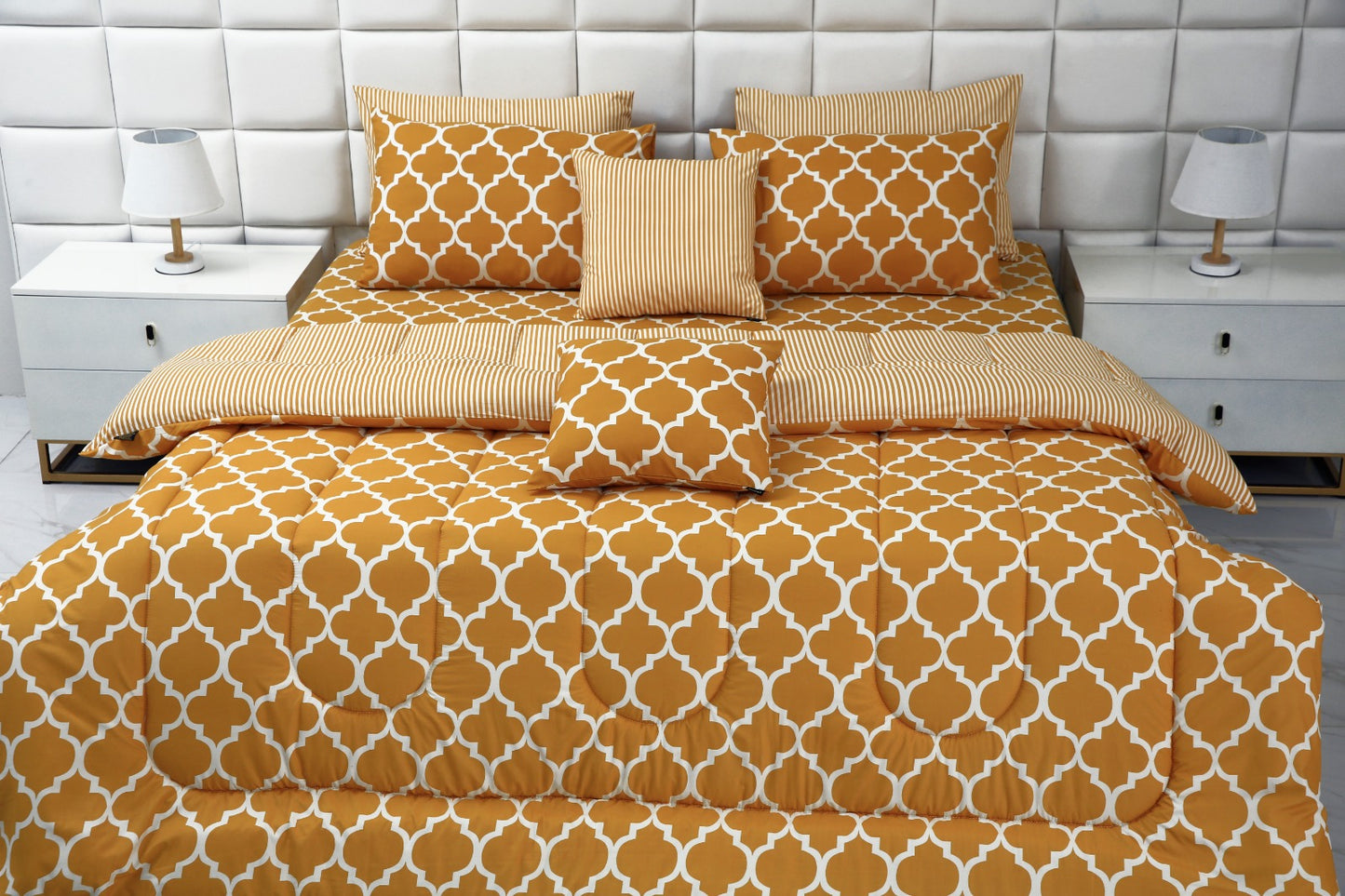 8 PCs Winter Comforter Set-Mustard Geometric Comforters Apricot   