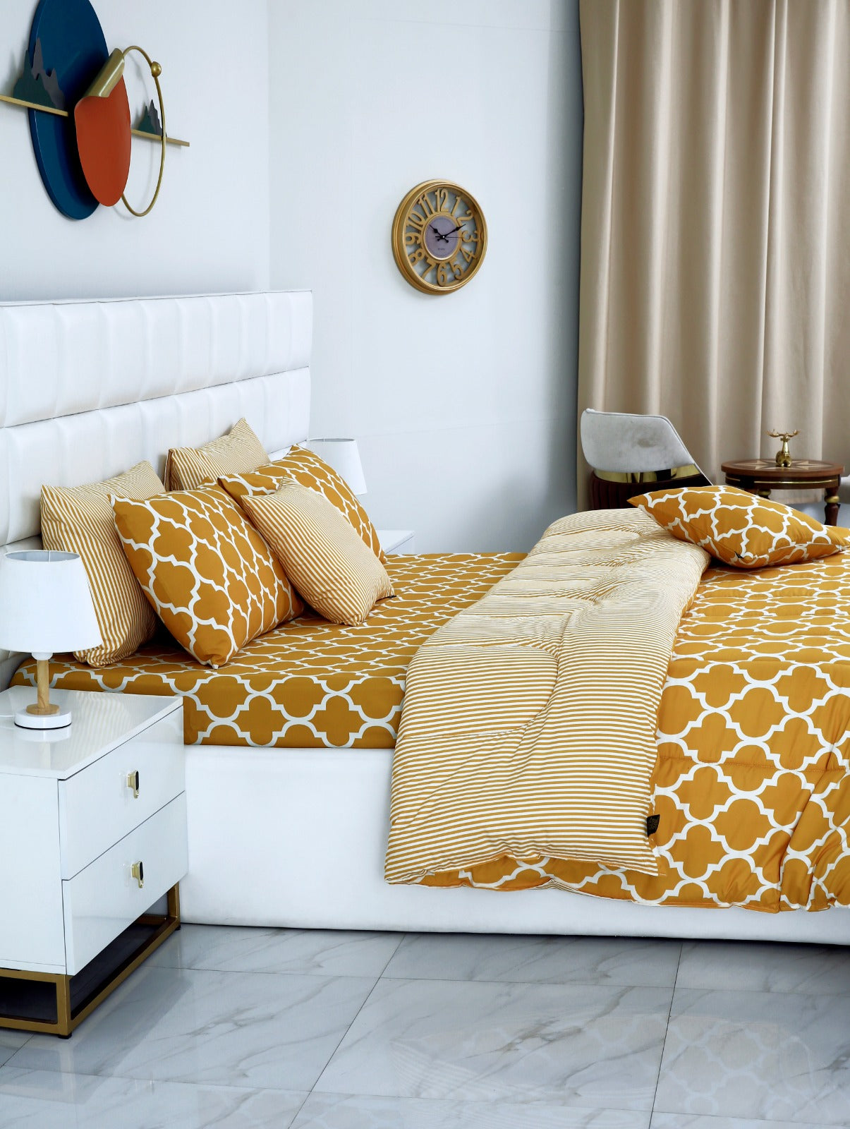 8 PCs Winter Comforter Set-Mustard Geometric Comforters Apricot   