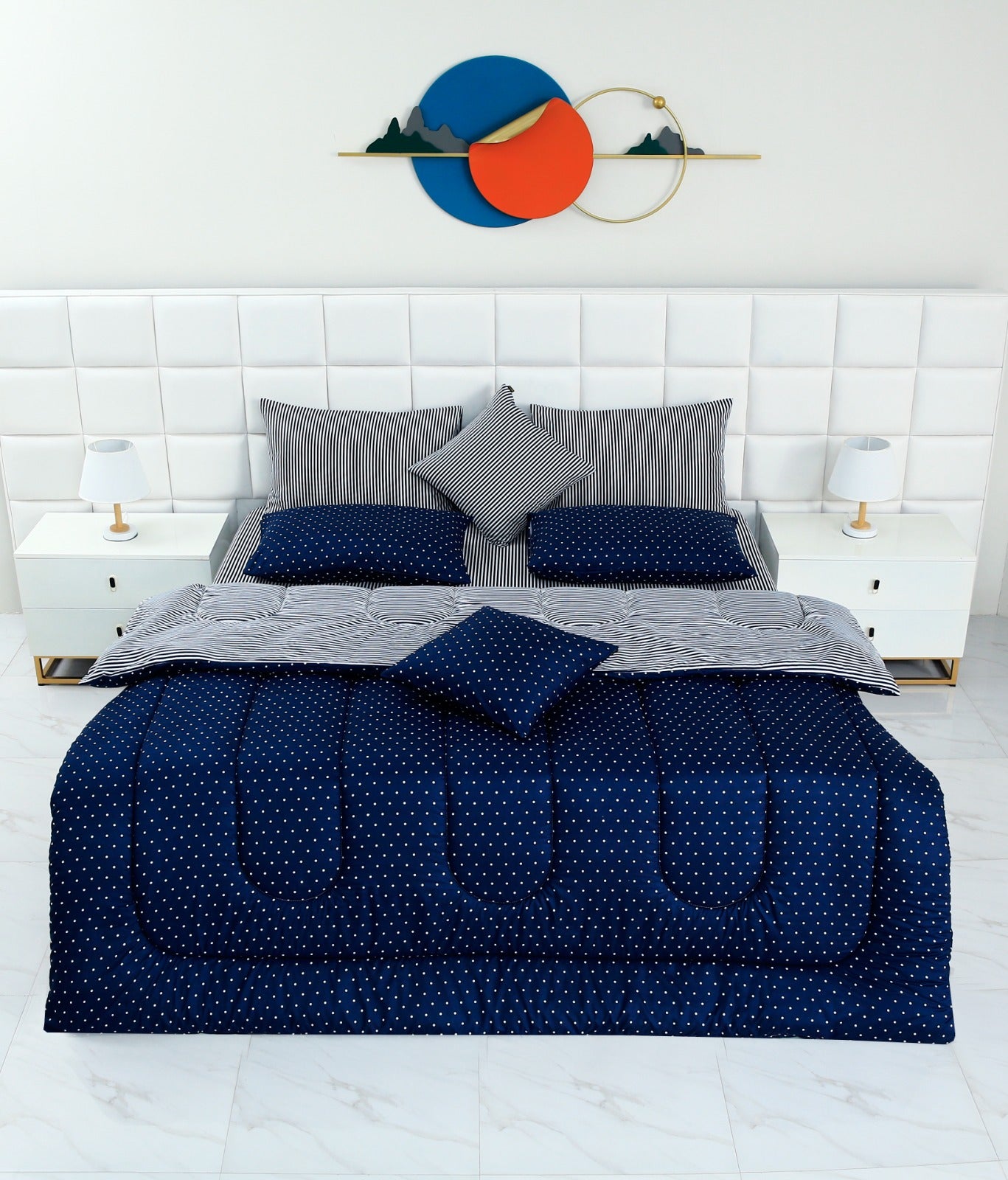 8 PCs Winter Comforter Set-Blue Polka Comforters Apricot   