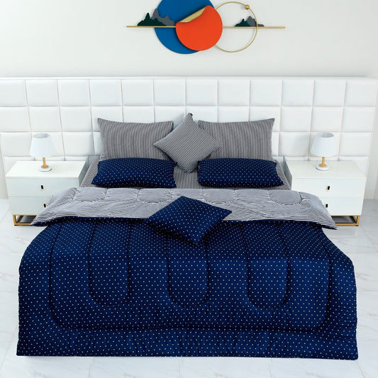 8 PCs Winter Comforter Set-Blue Polka Comforters Apricot