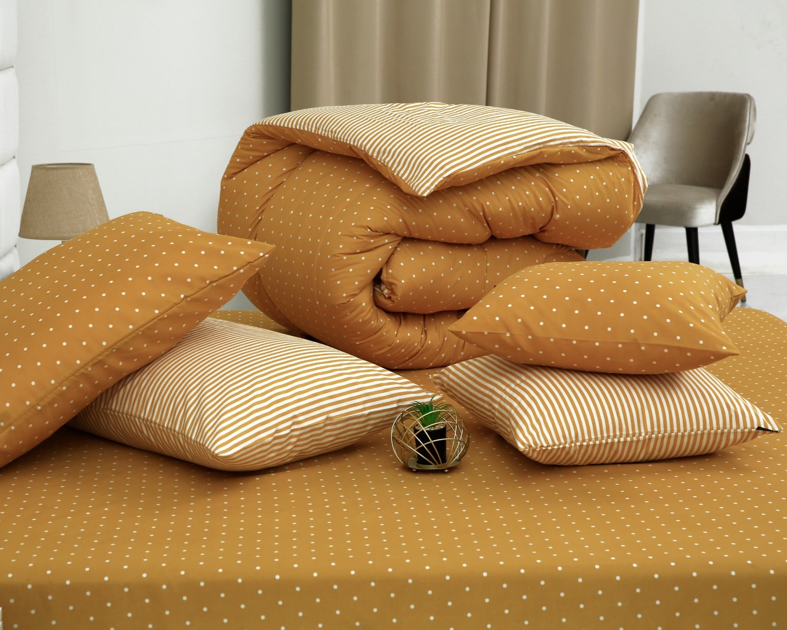 8 PCs Winter Comforter Set-Mustard Polka Comforters Apricot   