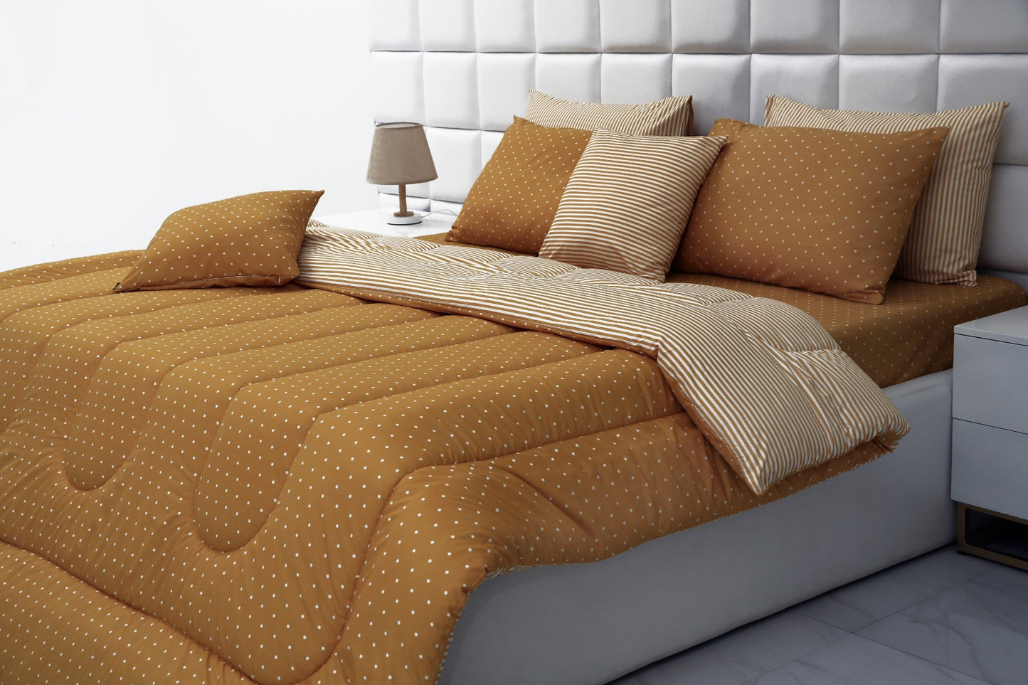 8 PCs Winter Comforter Set-Mustard Polka Comforters Apricot   