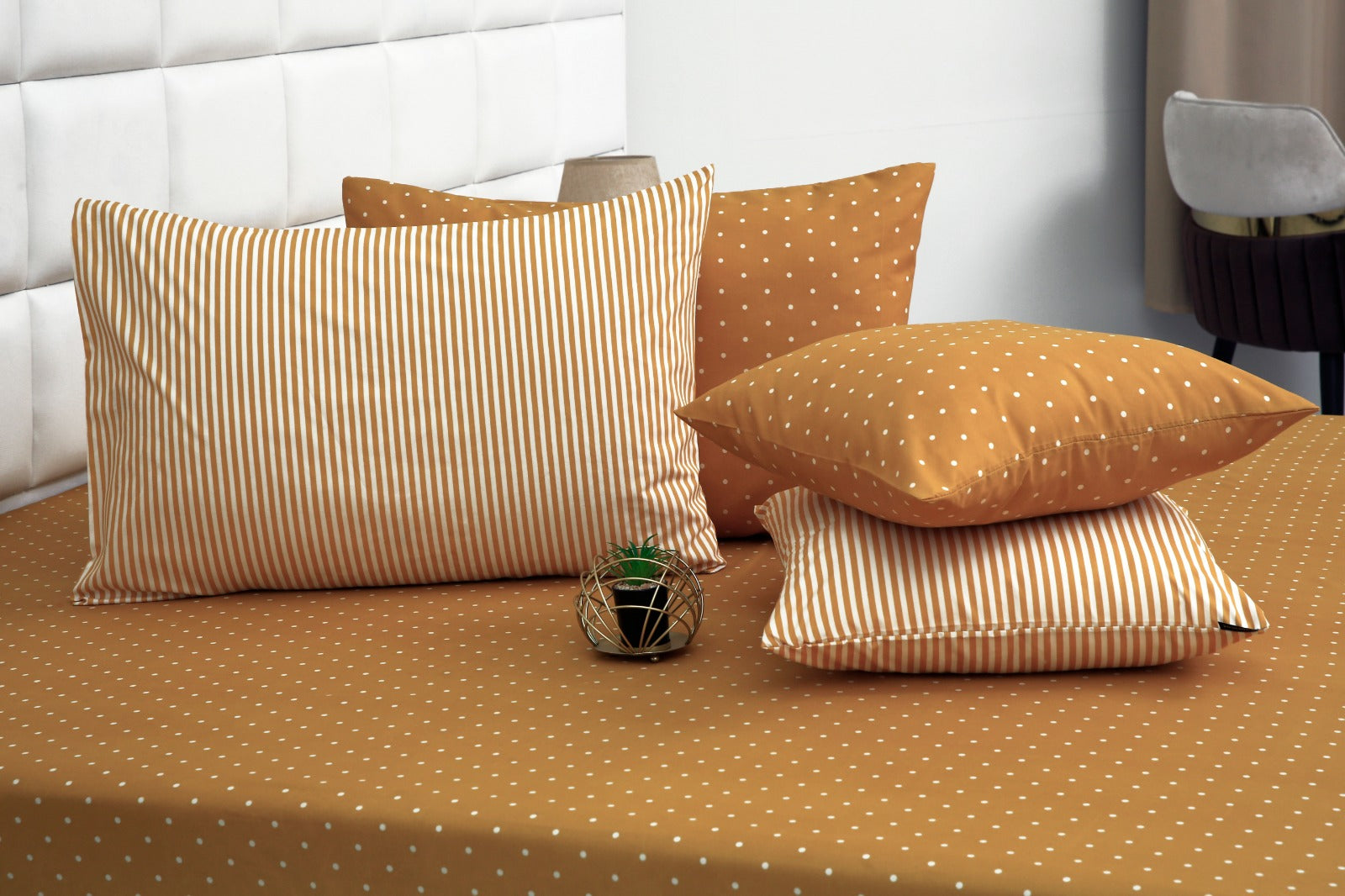 8 PCs Winter Comforter Set-Mustard Polka Comforters Apricot   