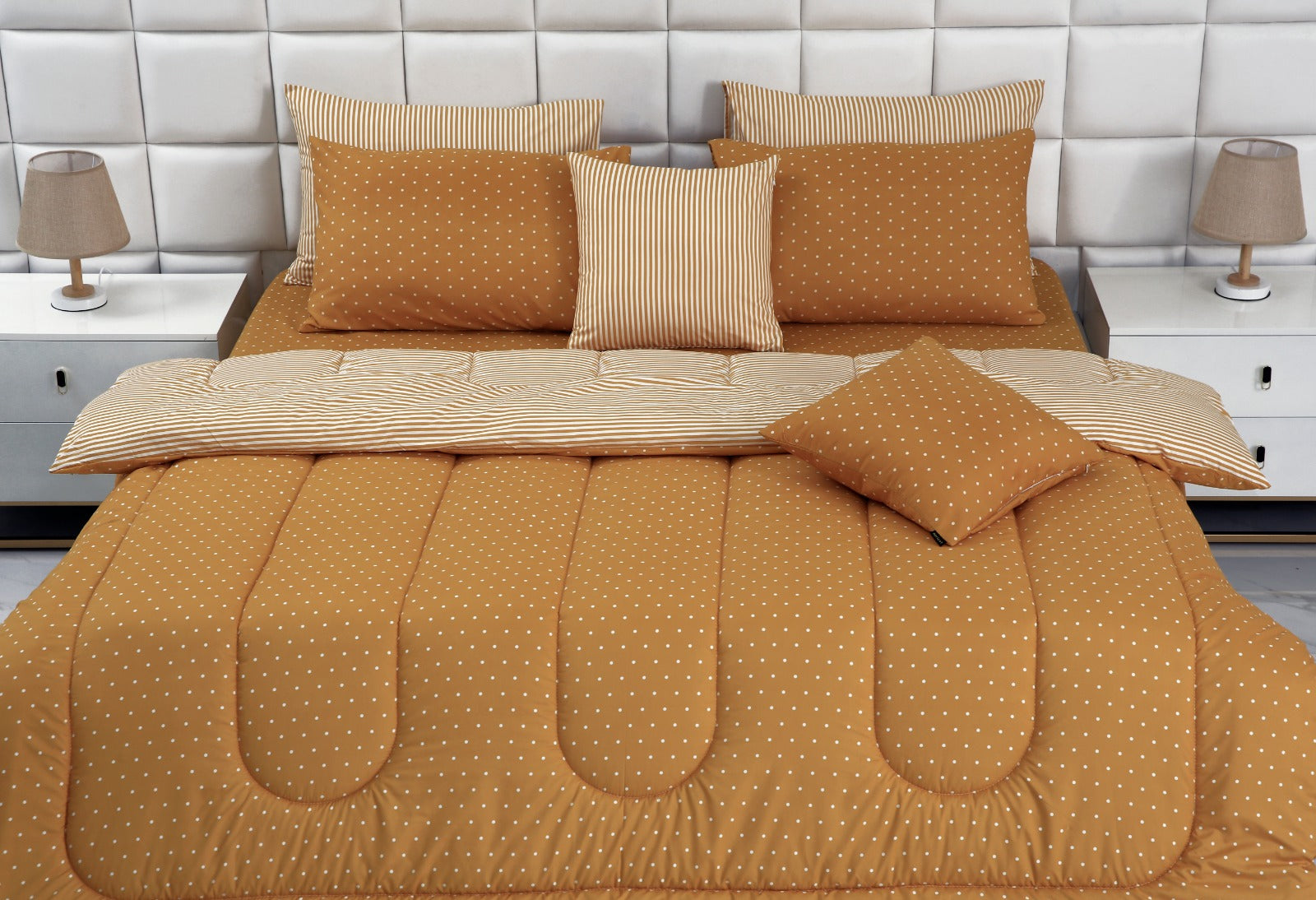 8 PCs Winter Comforter Set-Mustard Polka Comforters Apricot   