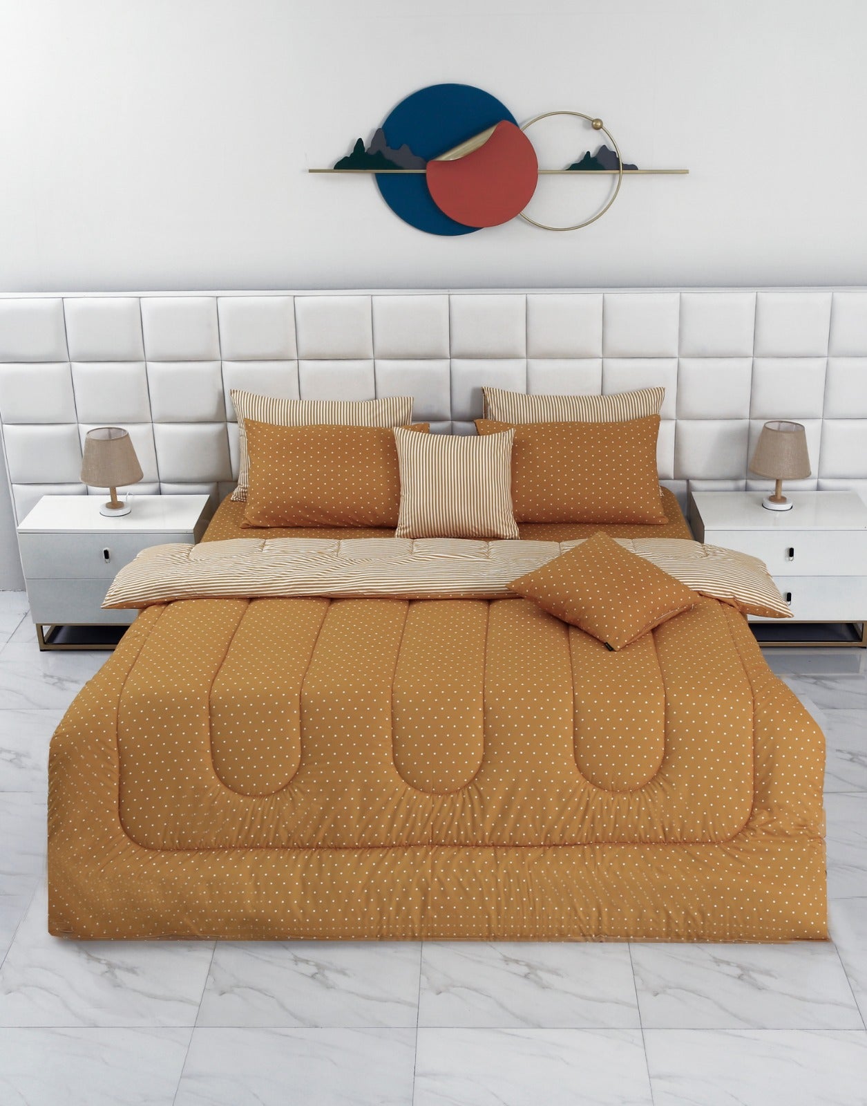 8 PCs Winter Comforter Set-Mustard Polka Comforters Apricot   