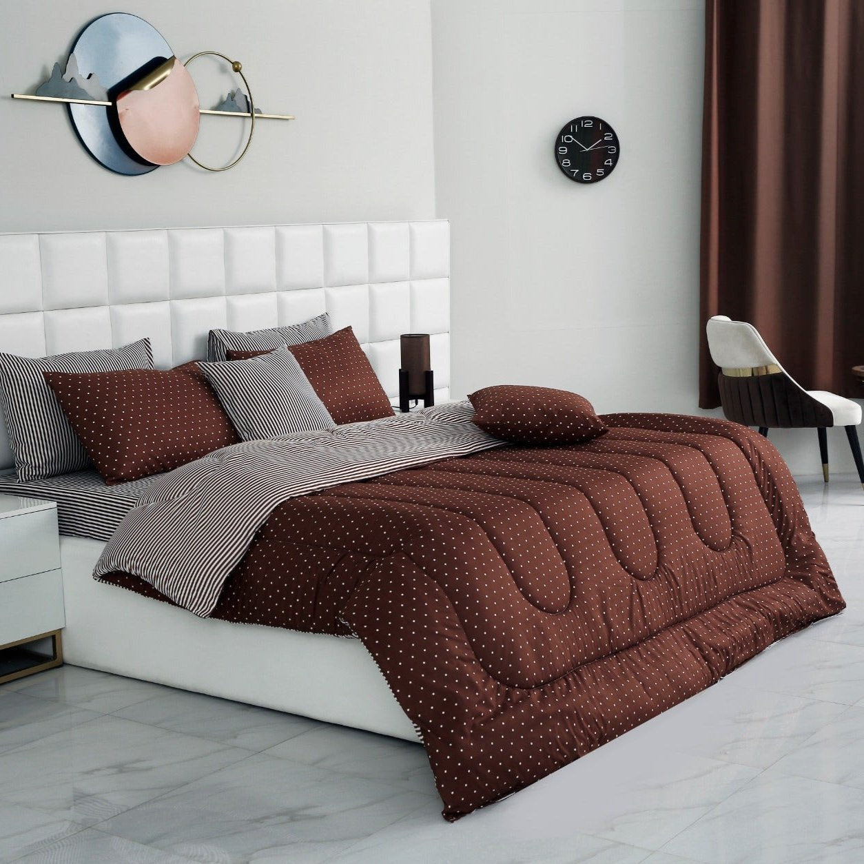 8 PCs Winter Comforter Set-Brown Polka Comforters Apricot   