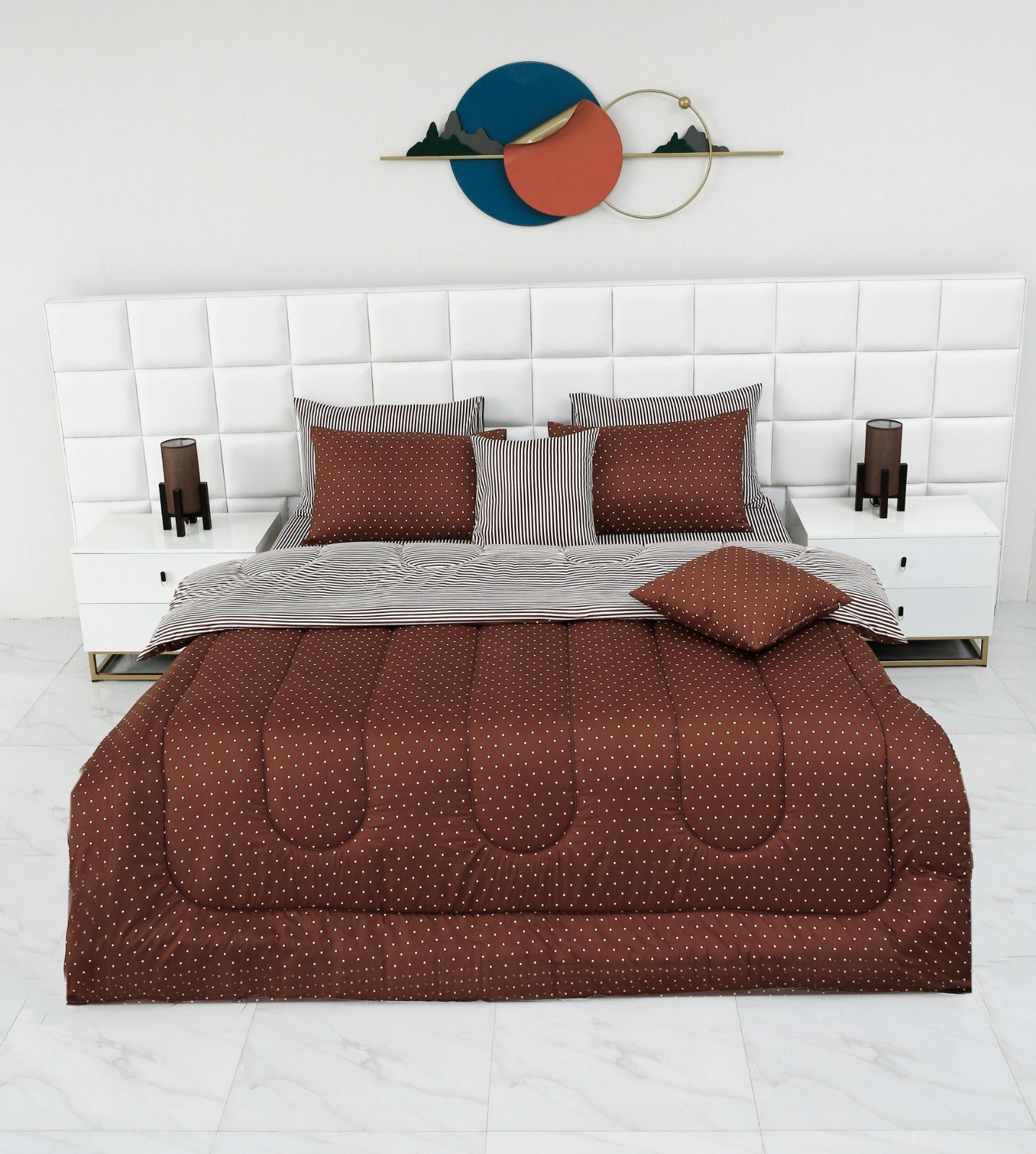 8 PCs Winter Comforter Set-Brown Polka Comforters Apricot   