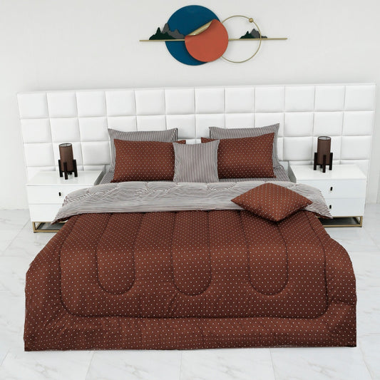 8 PCs Winter Comforter Set-Brown Polka Comforters Apricot   