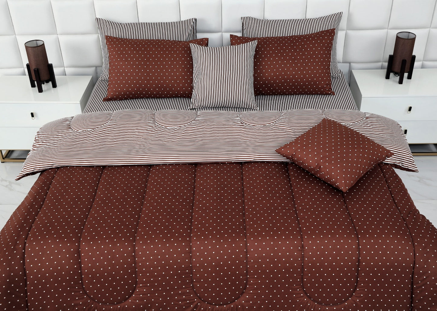 8 PCs Winter Comforter Set-Brown Polka Comforters Apricot   