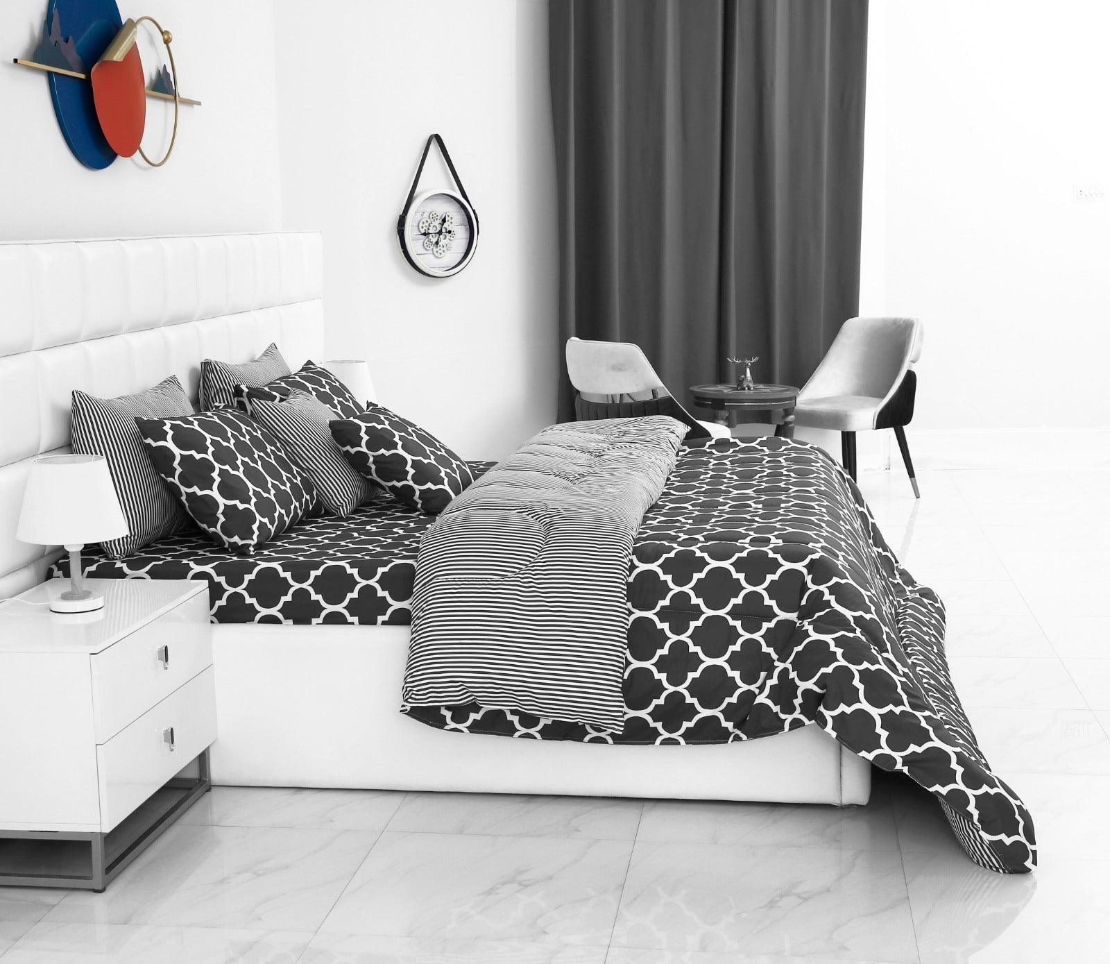 8 PCs Winter Comforter Set-Grey Geometric Comforters Apricot   