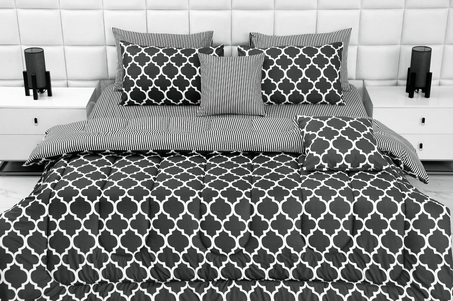 8 PCs Winter Comforter Set-Grey Geometric Comforters Apricot   