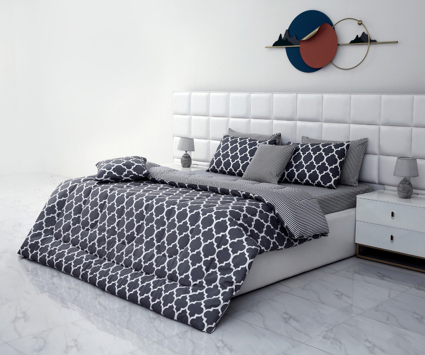 8 PCs Winter Comforter Set-Grey Geometric Comforters Apricot   