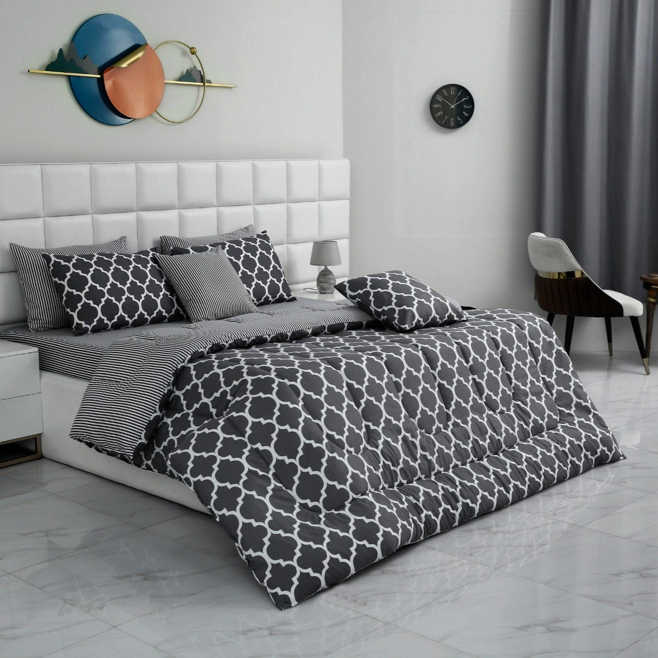 8 PCs Winter Comforter Set-Grey Geometric Comforters Apricot   