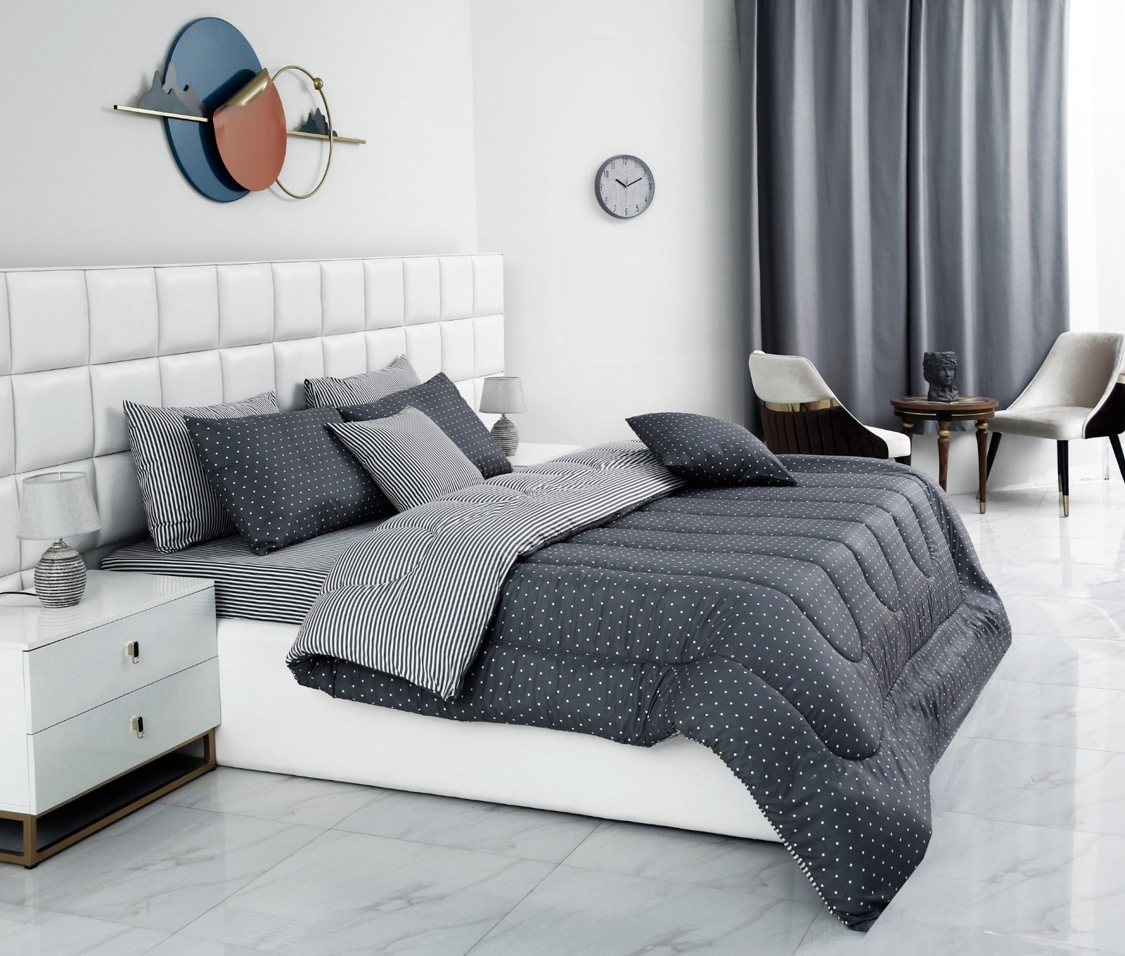 8 PCs Winter Comforter Set-Grey Polka Comforters Apricot   