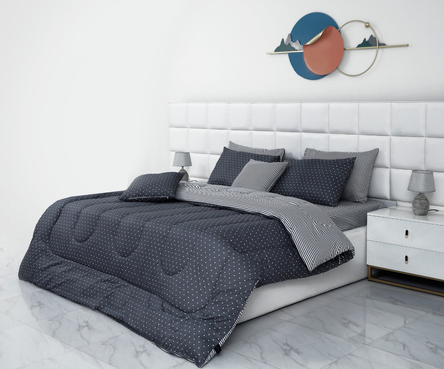 8 PCs Winter Comforter Set-Grey Polka Comforters Apricot   