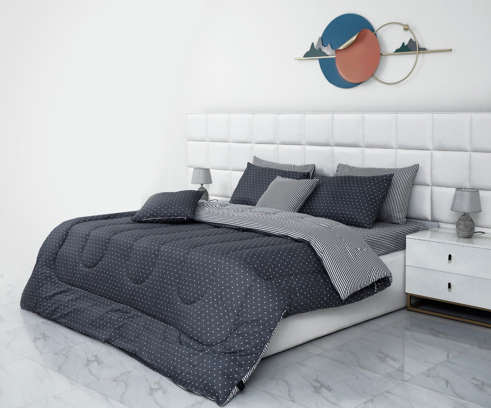 8 PCs Winter Comforter Set-Grey Polka Comforters Apricot   