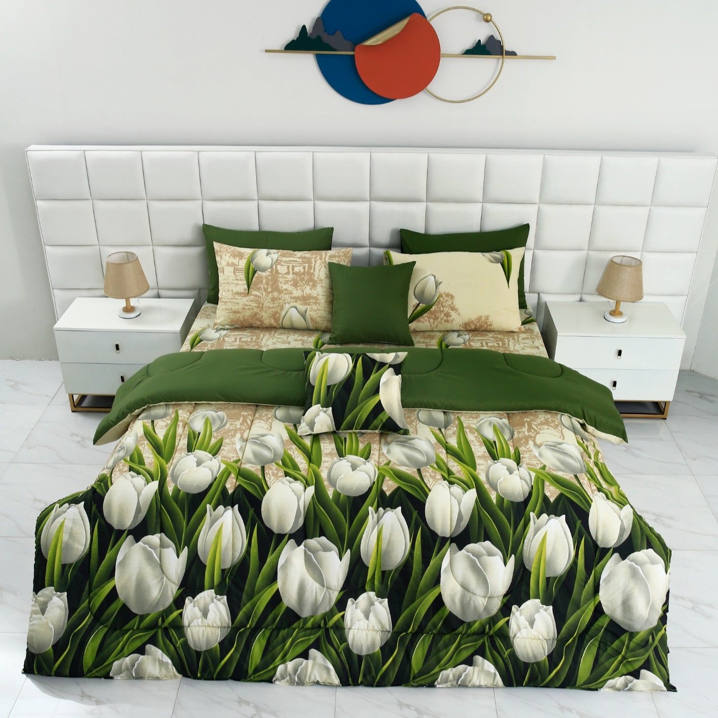 8 PCs Winter Comforter Set- Tulip Green Comforters Apricot   